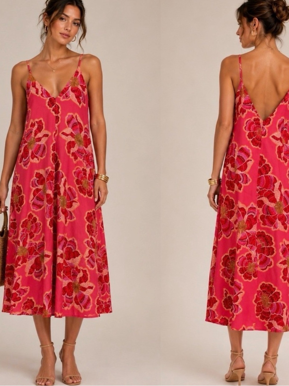 LOFT Coral-Pink Floral V-Neck Midi Slip Dress